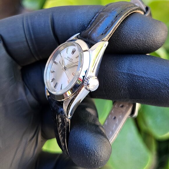 (sale) Rolex Ladies 24mm OP 6619 Steel On Black Leather Strap - Picture 5 of 13